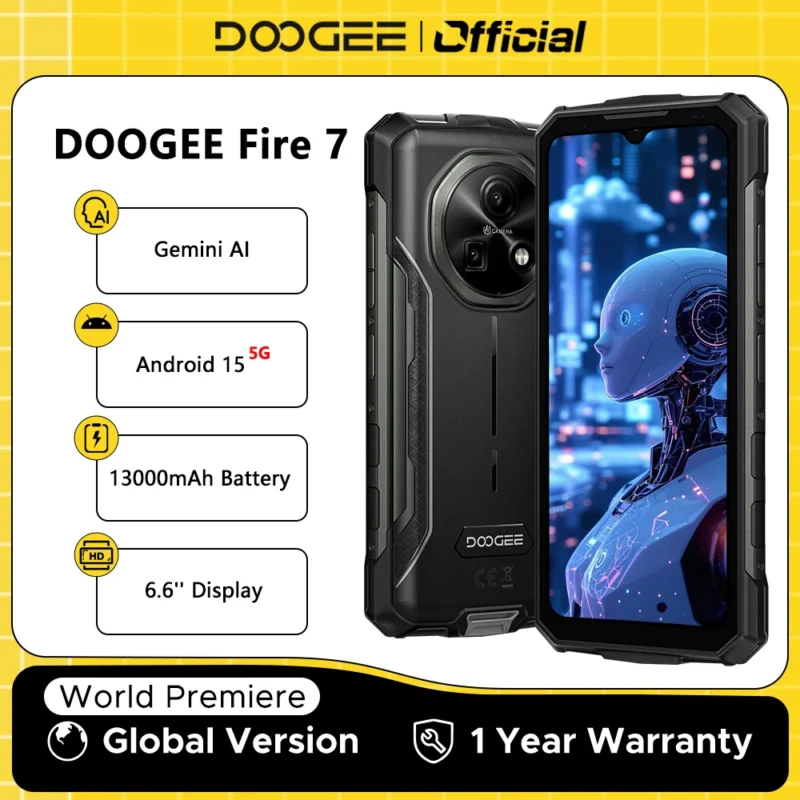 DOOGEE Fire 7 5G Robustes Telefon Gemini AI 13000 mAh Akku 6,6 Zoll Display 64 MP Kamera Abmessung 6300 Android 15 Smartphone NFC