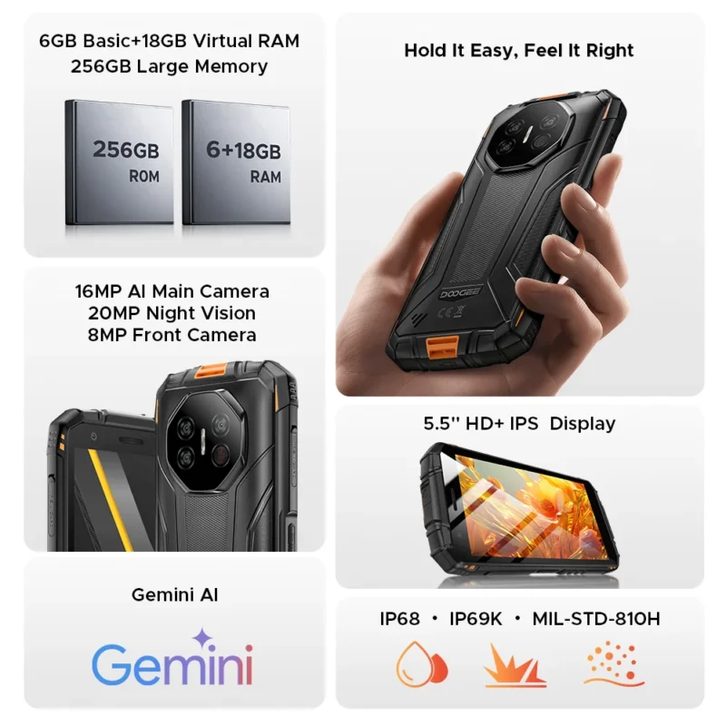 Globale Version DOOGEE Fire 3 Ultra Robustes Telefon 5,5" HD+ Display 24GB 256GB 8350mAh Akku UNISOC T7200 16MP+20MP NFC Android15 - Image 2