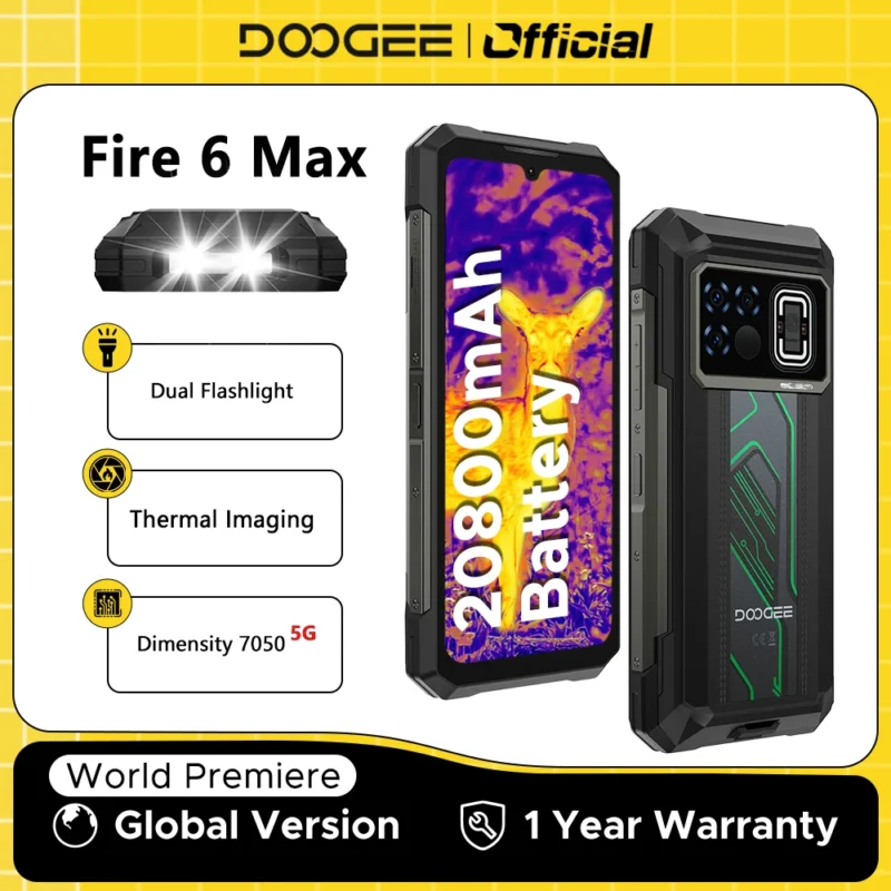 Weltpremiere DOOGEE Fire 6 Max 5G Robustes Telefon, Abmessung 7050, Wärmebildgebung, 6,72 Zoll, Dual-Taschenlampe, 20800 mAh Akku, Mobiltelefon