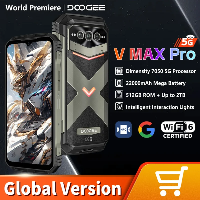 DOOGEE V MAX PRO 5G Smartphone – 6,58" IPS Display, 12GB RAM + 512GB Speicher, 22.000mAh Akku, 108MP KI-Kamera, Android 14, NFC