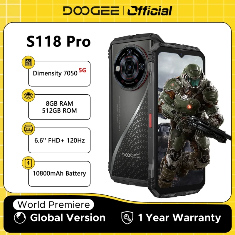 Weltpremiere DOOGEE S118 Pro 5G Robustes Telefon 6,6'' FHD 120Hz 8GB RAM 512GB ROM 10800mAh Akku Android 14 Handy mit NFC