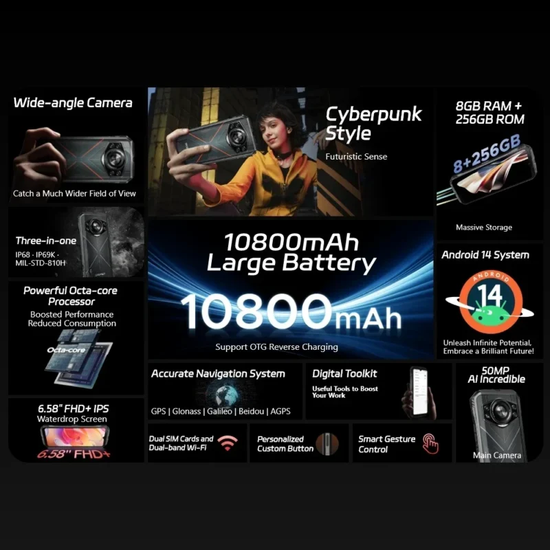 DOOGEE S Cyber – Rugged Smartphone, 6,58" 90Hz, 8GB+256GB, 50MP, 10800mAh, Android 14 - Image 2